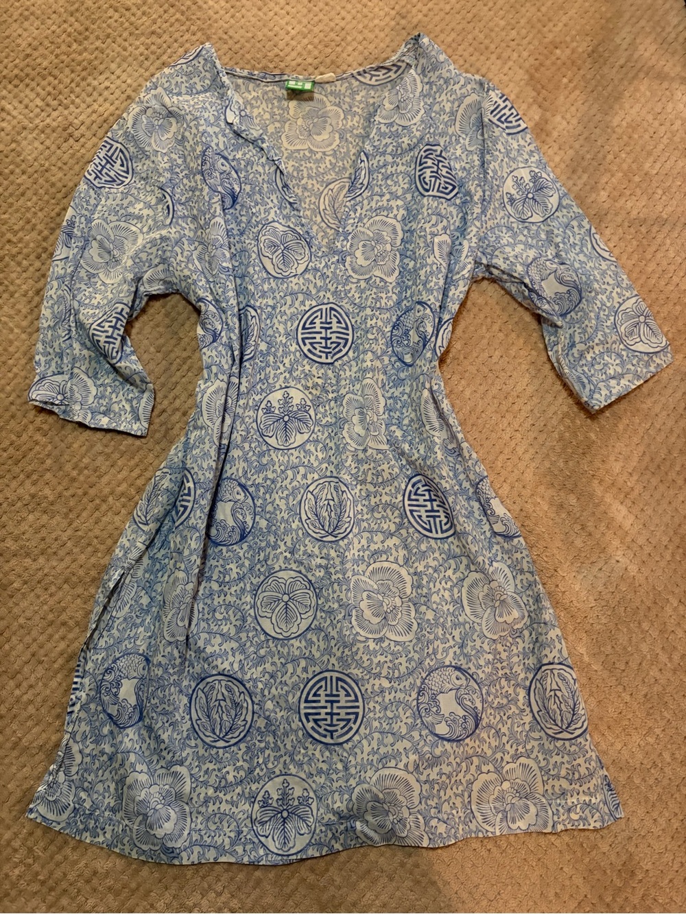 Light Blue Floral-Print Tunic Top with V-Neck
